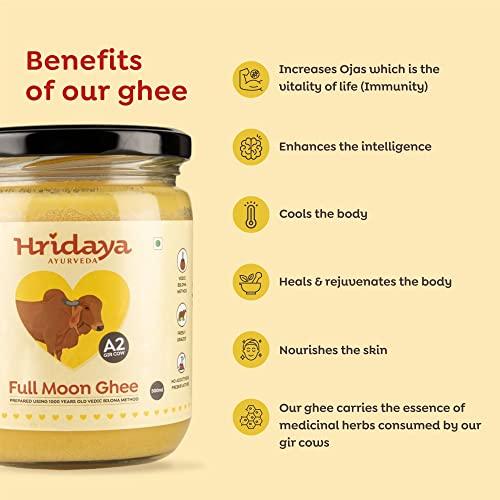 HRIDAYA AYURVEDA Hridaya Ayurveda A2 Gir Cow Ghee 500 ml - Vedic Bilona Method Curd Churned Ghee from Freely Grassed Cow - Unadulterated & Healthy Full Moon Cultured Cow Ghee