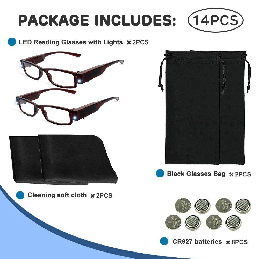 DuanMei 2 Pcs Reading Glasses Led Readers with Lights Fashion Glasses for Reading for Men and Women Lighted Magnifier Nighttime Reader Compact Full Frame Eyewear Unisex Clear Vision Lighted Eye Glasses+3.5