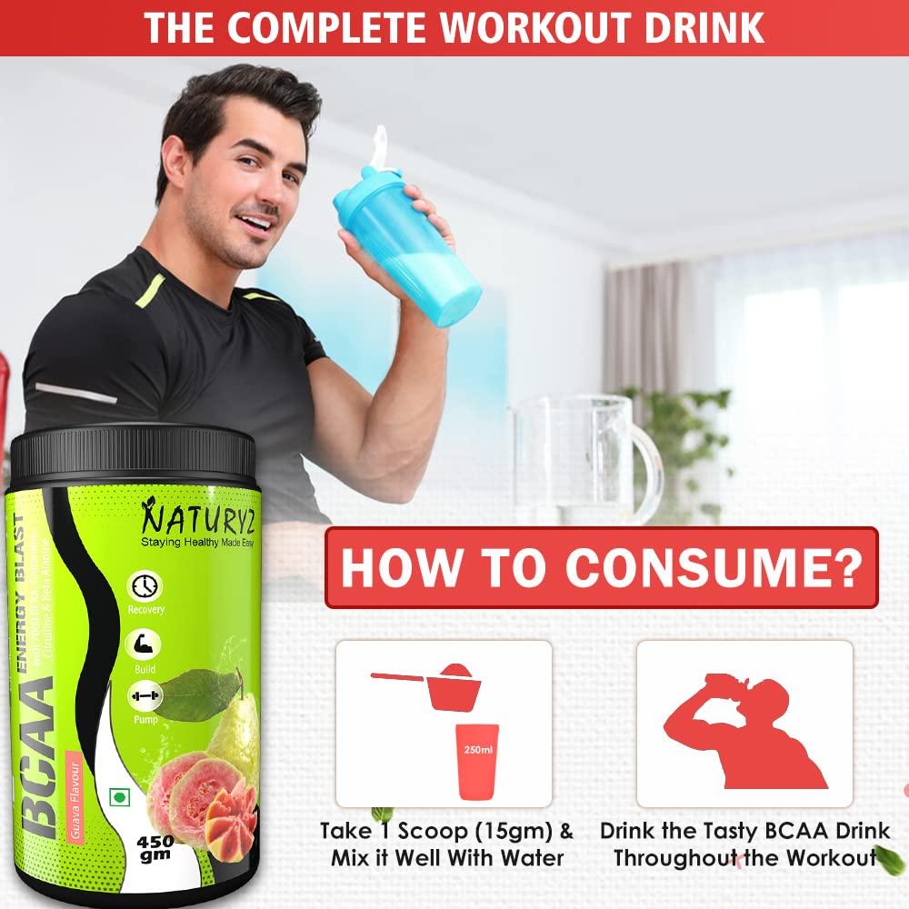 Naturyz NATURYZ BCAA Energy Blast Pre Intra Post Workout Supplement With 7000 BCAA | Glutamine | Citrulline | Beta-Alanine for Muscle Recovery | Power & Energy-450 Grams(Guava Flavor)