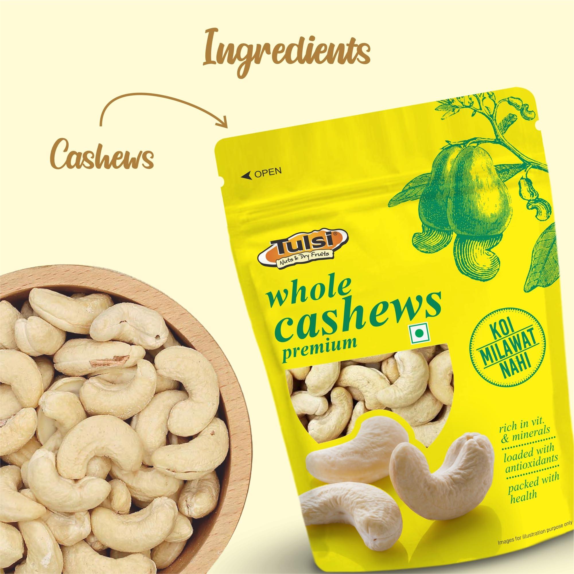 Tulsi Tulsi Whole Cashew Premium (Grade W320) 1Kg (200g x 4) | Handpicked Kaju Nuts | Premium Cashew Nuts | Raw Cashews | Rich in Protein | Source of Dietary Fiber | Good Size | Whole Kaju | (Pack of 4)