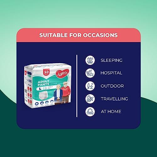 Joyfix JOYFIX Adult Diapers | Pant Style | Waist Size 71-130 cm (28\"-51\") | Large | Pack of 3 | Odour lock | Anti-Bacterial Absorbent - L (30 Pieces)