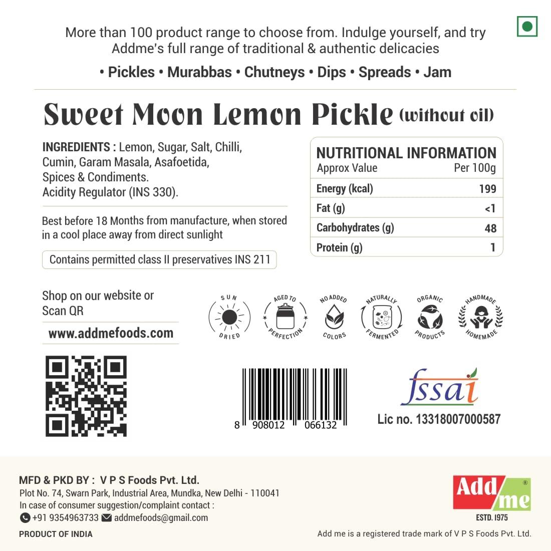 Add me Add me sweet lemon pickle 600 gm | Khatta Meetha nimbu ka achar, lemon pickle sweet and sour without oil sweet lime pickle Homemade Recipe & Taste Glass Pack.