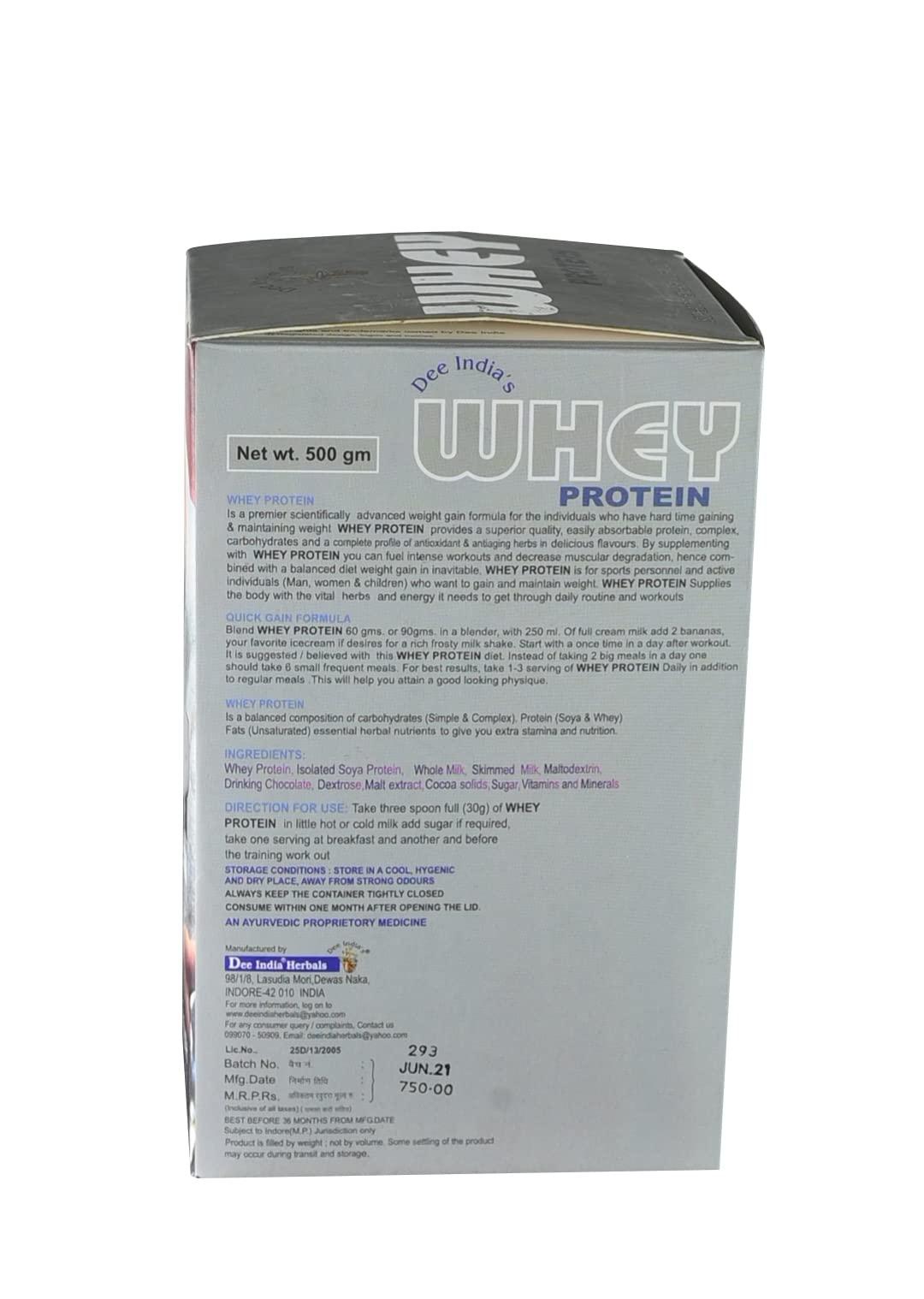 DEE INDIA HERBALS DEE INDIA HERBALS Whey Protein Powder Concentrate Instantized For Mens - Superior Energy & Muscle Growth (Unflavoured) (500gm, Pack of 1)