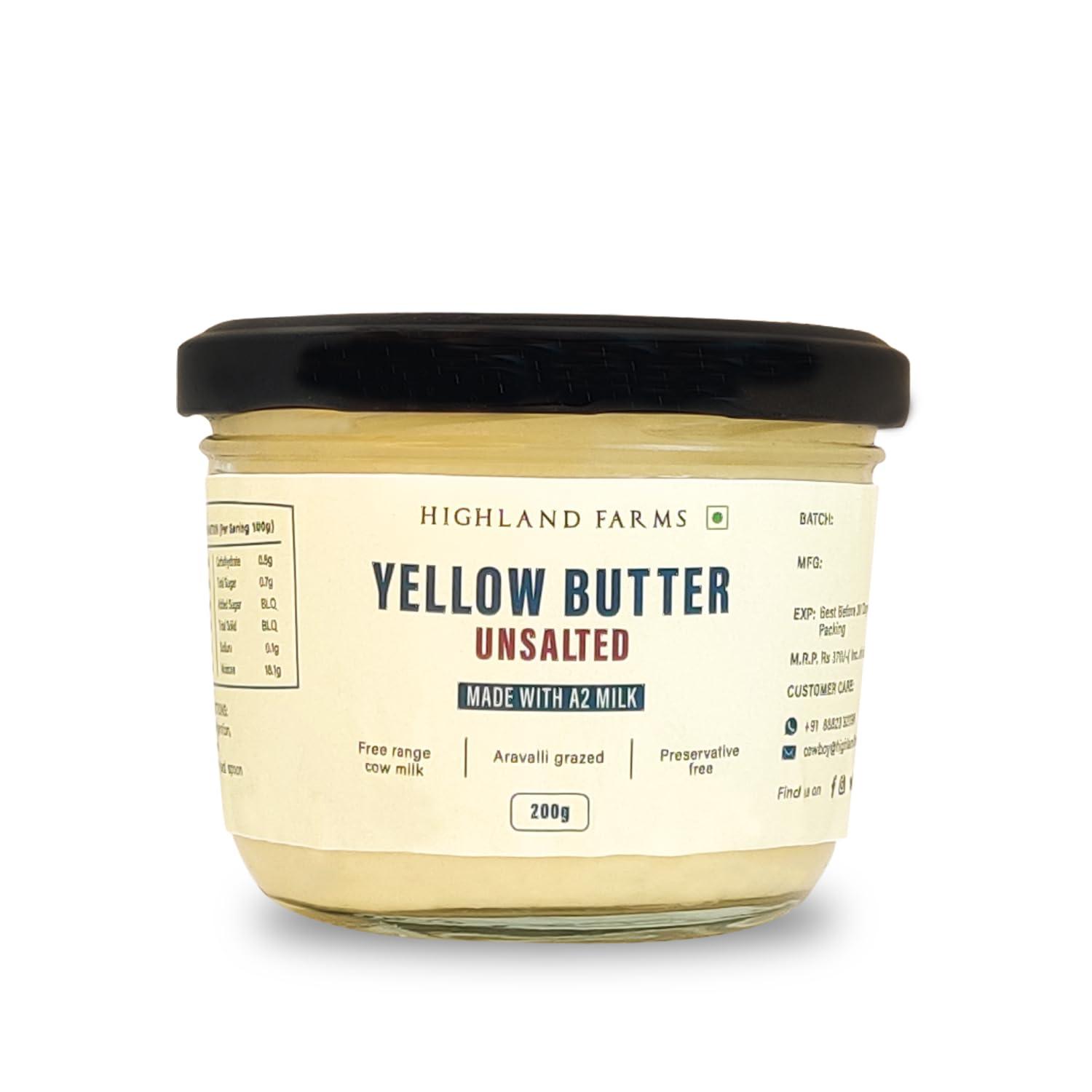 Courtyard farms private limited Highland Farms A2 Cow Milk Yellow Unsalted Butter |Traditional Method of Butter Making | Free Range Cow Milk | No Preservatives | 200gm