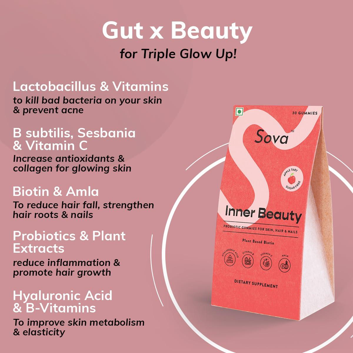 SOVA Sova Probiotic Plant Based Biotin Gummies | Acne Prevention & Glowing Skin | Prebiotics + 5 Billion CFUs Probiotics |10000 mcg Plant-Based Biotin, Hyaluronic Acid, Vitamin C, Amla | 30 Vegan Sugarless Gummies | Inner Beauty