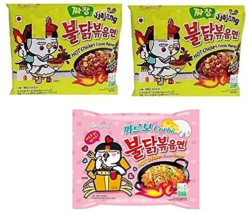 Sam Yang Samyang Korean Ramen Buldak Jijang Flavour Spicy Noodles PacK2 & Buldak Hot Chicken Carbo Flavour Noodles PacK1(Pack of 3) (420gm) (Imported) Instant Noodles Non-vegetarian (3x140 g)(Combo Pack)