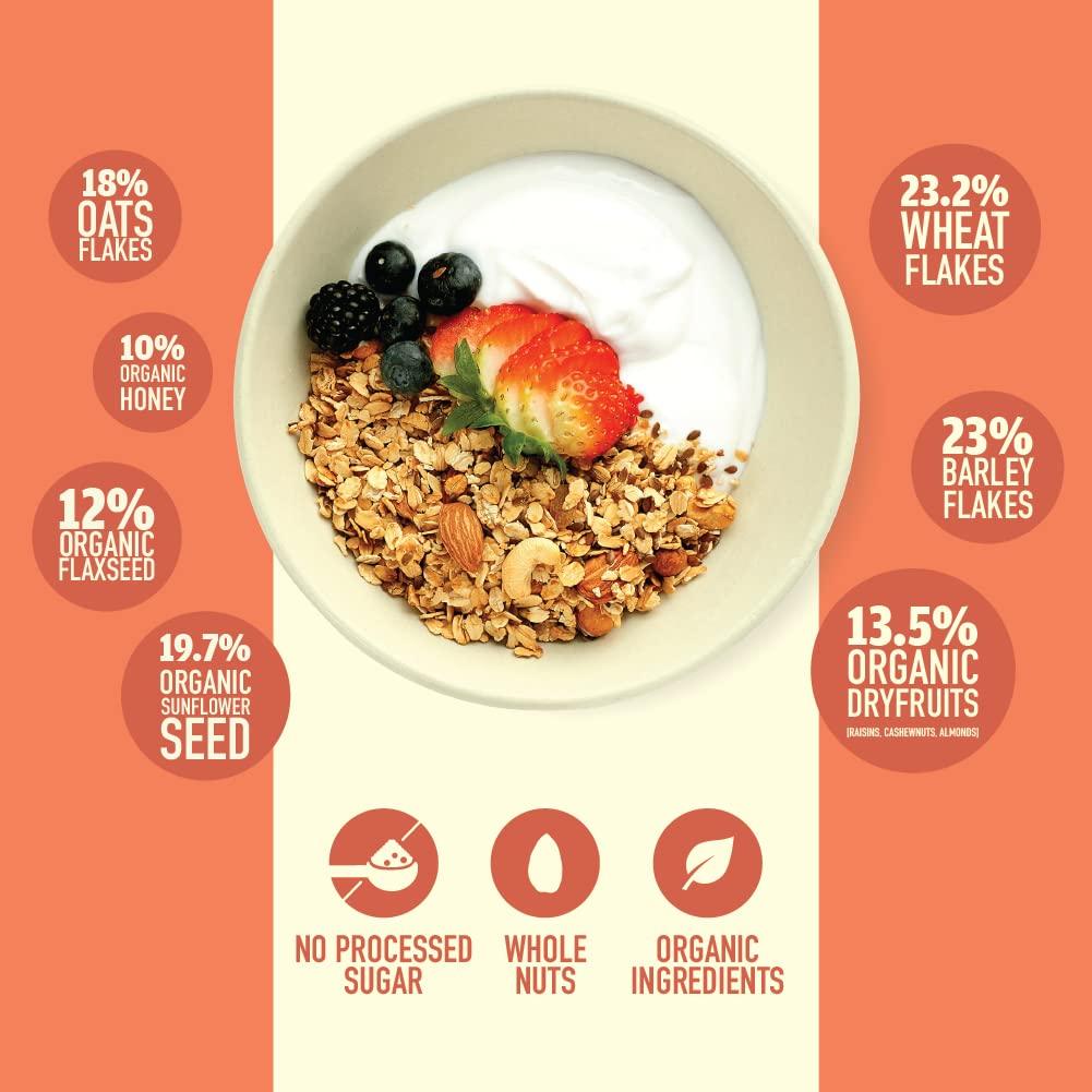 Nourish Organics Nourish Organics Honey Crunch Muesli, 300g Pack | Healthy and Nutritious Breakfast Cereals with Whole Nuts | No Refined Sugar | Clean Label