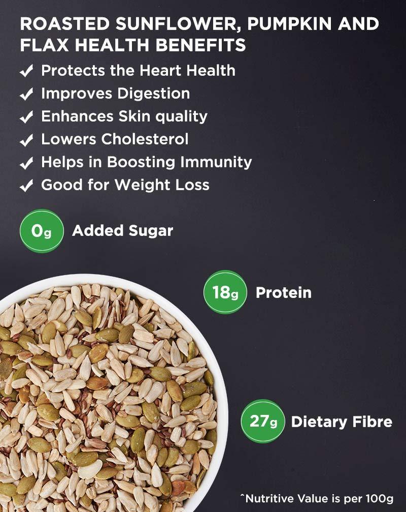 True Elements True Elements Roasted Pumpkin, Sunflower and Flax Seeds 125gm - Healthy Seeds Mix