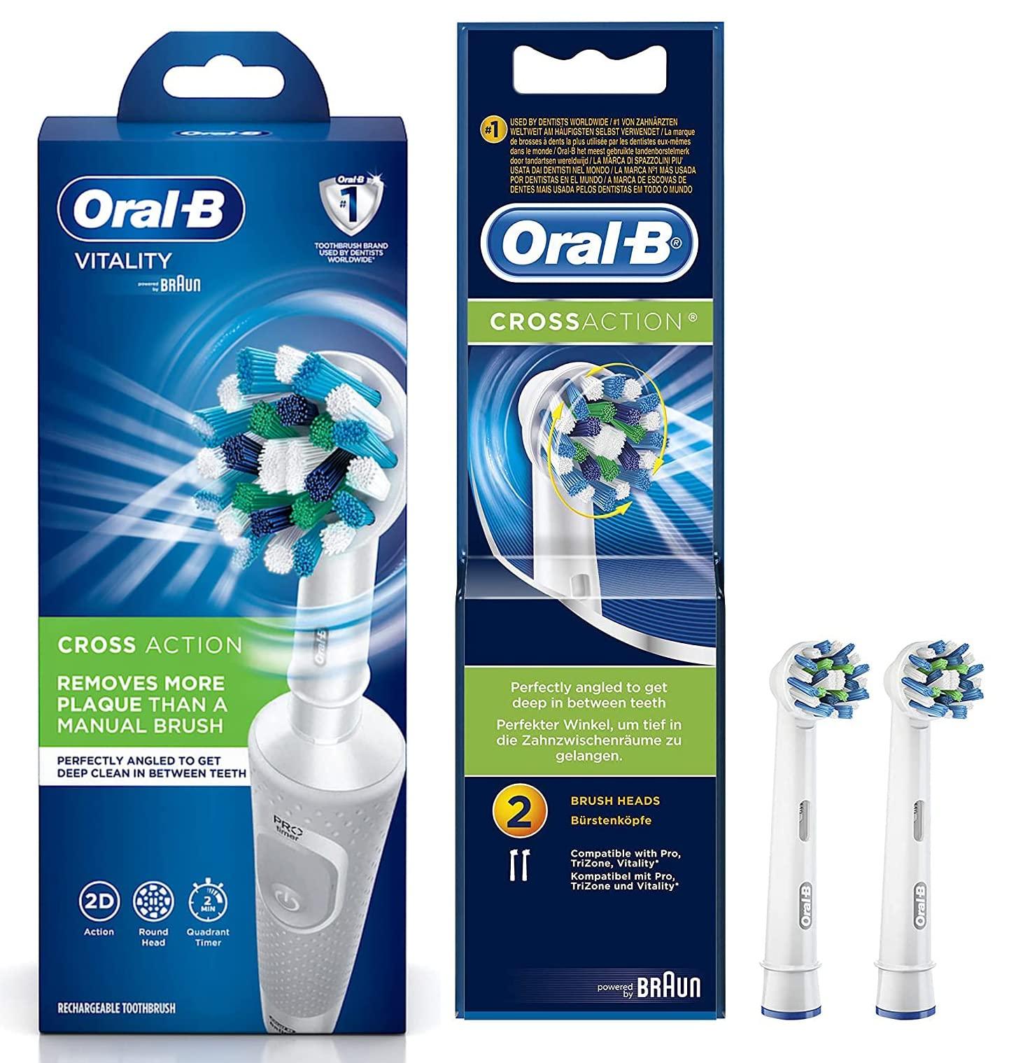 Oral B Oral B Vitality 100 White Criss Cross Electric Rechargeable Toothbrush Powered By Braun & Oral B Cross Action Toothbrush Heads Pack Of 2 Replacement Refills For Electric Rechargeable - Oral Care Combo