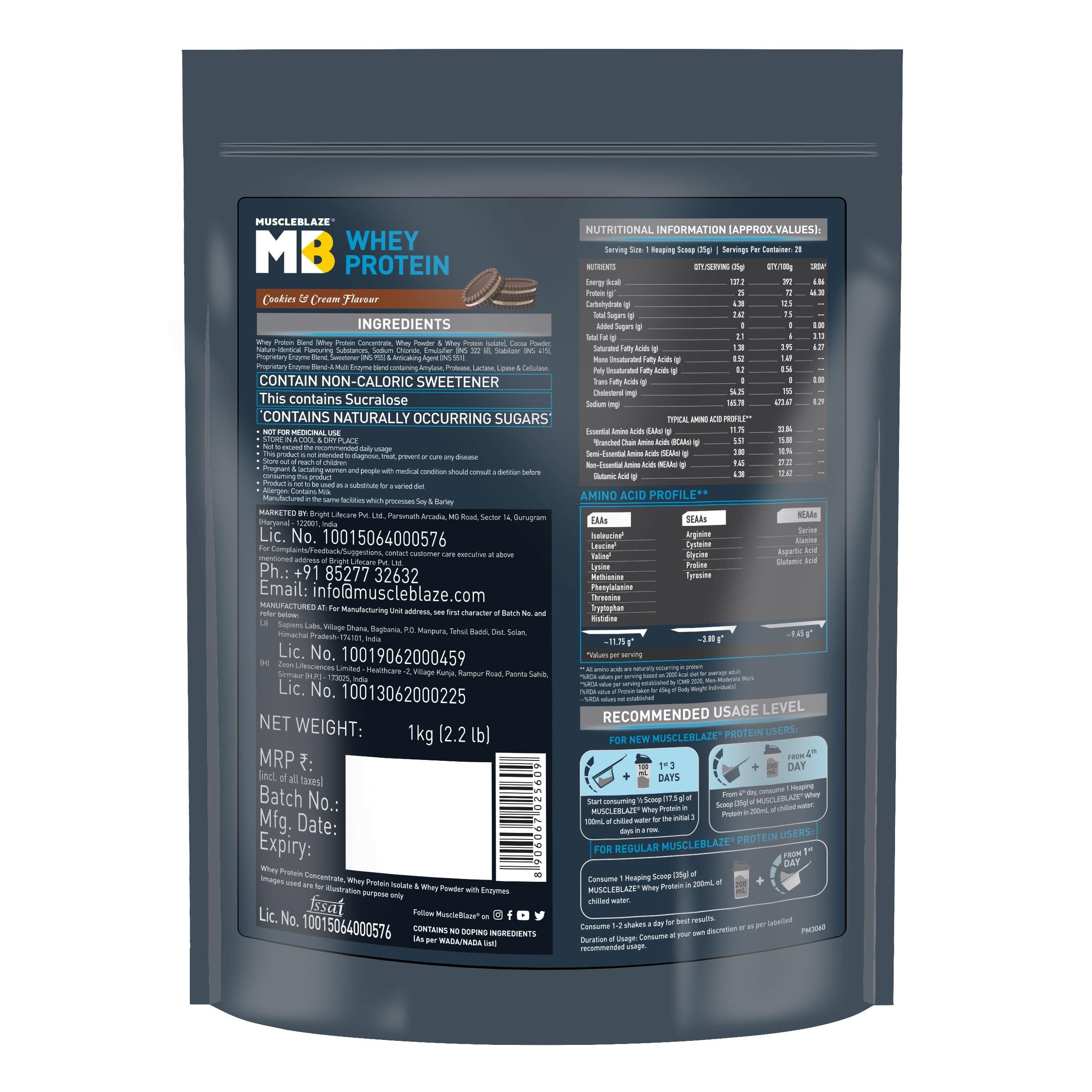 MuscleBlaze MuscleBlaze 100% Whey Protein, Ultra Premium Blend with Whey Protein Concentrate & Whey Protein Isolate, 25 g Protein per Scoop (Cookies & Cream, 1 kg / 2.2 lb)