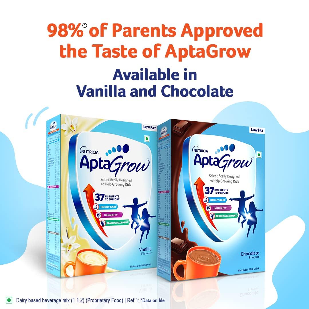 AptaGrow AptaGrow Milk Drink Powder for Kid s Height Gain, Immunity & Brain Development, Nutritious & Tasty Vanilla Flavor, 400g | 37 Nutrients | Prebiotics | Low Fat | Veg | Pack of 2