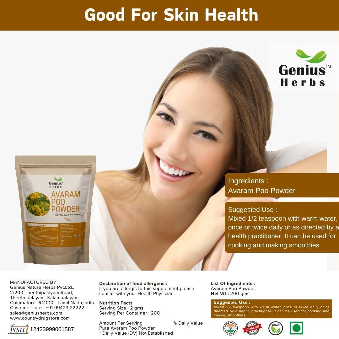 Genius Herbs Genius Herbs Avarampoo Powder 200g | | Tarwar | Aavaram | Senna auriculata | Tangedu Flower Crushed | Pack of 1