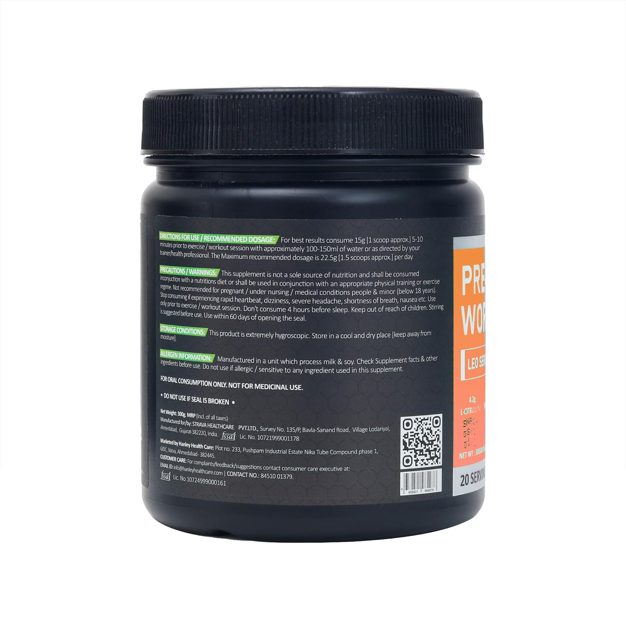 Hanley Healthcare Hanley Leo Pre-Workout with Astragin - Pre Workout Supplement for Men - Orange Flavor (20 Servings, 300g)