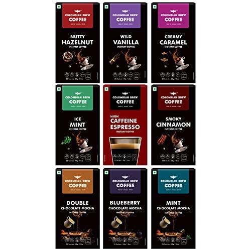 COLOMBIAN BREW COFFEE Colombian Brew Assorted, High Caffeine Espresso, Vanilla, Hazelnut, Caramel, Cinnamon, Double Chocolate Mocha, Blueberry Chocolate Mocha, Mint Chocolate Mocha, Mint Instant Coffee Powder, 50g Each