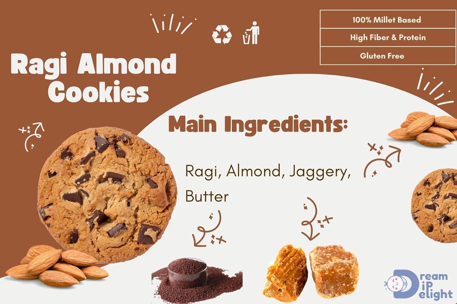 DREAM DIP DELIGHT Dream Dip Delight Ragi Almond Cokkies & Jowar Dates Cookies Assorted Pack of 2| Tasty & Healthy Cookies For kids & Adults | Jaggery Cookies with no MaidaGluten-Free | 300gm (150 gm each Pack of 2)