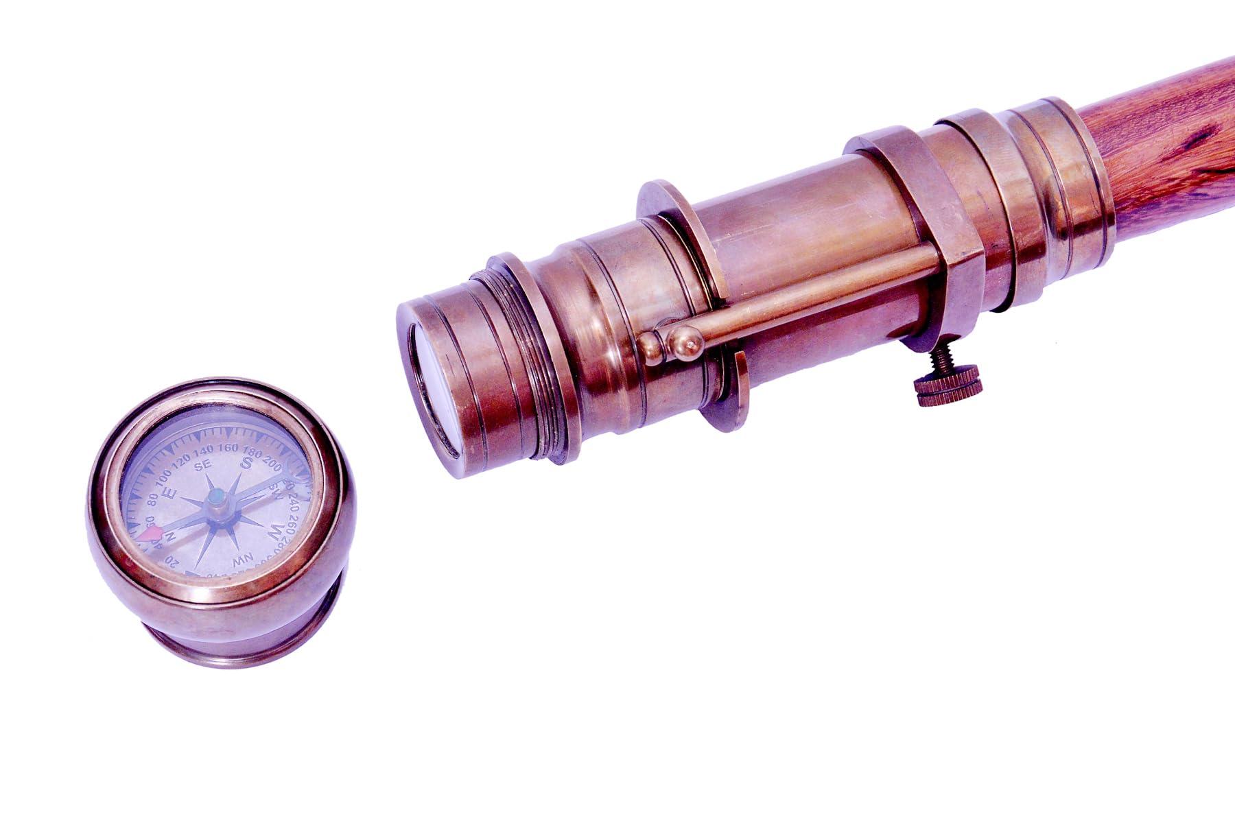 AS BRASS INSTRUMENT Victorian Walking Cane with Telescope Compass On Top Spyglass Handle Walking Stick Hand Foldable Nautical Wooden Walking Stick