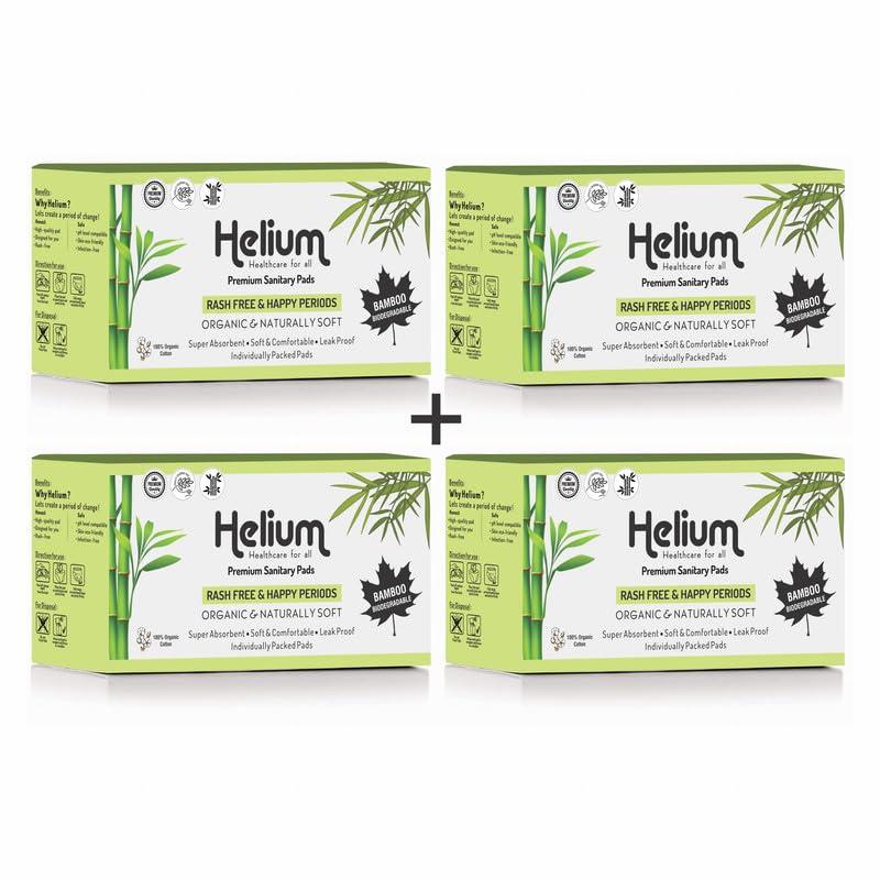 Helium Helium Biodegradable Bamboo Premium Sanitary Pads - (Pack Of 4= 90 Pads,50 Regular Pads XL + 40 Overnight Pads XXL),Pure Cottene,100% Rash-Free-Periods,High Absorbent, High Absorbent, Extra Long