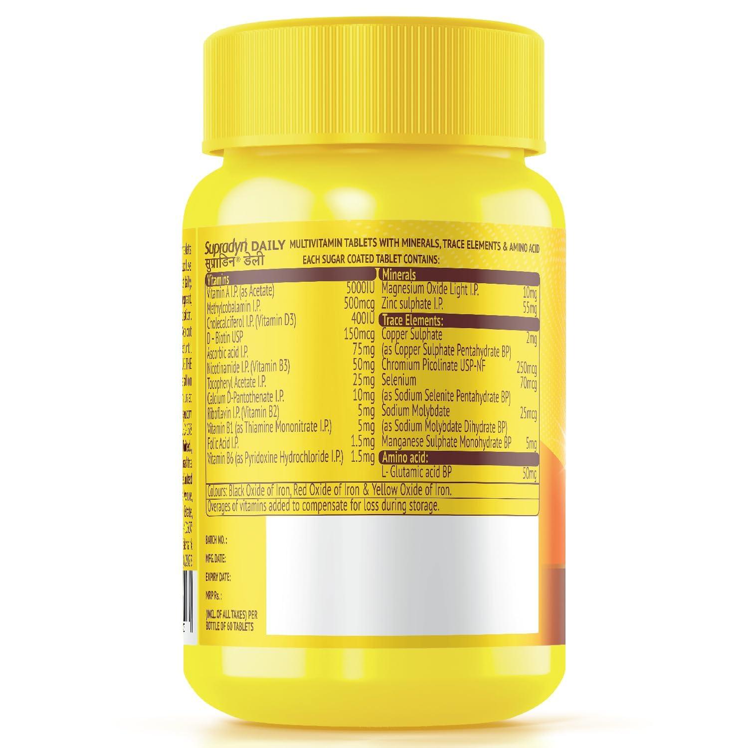 Supradyn Supradyn Daily, India\'s No.1 Multivitamin (120 tablets) with Biotin, Vitamin C, Vitamin D3, Calcium, Zinc for Daily Immunity & 2X Energy for Men & Women