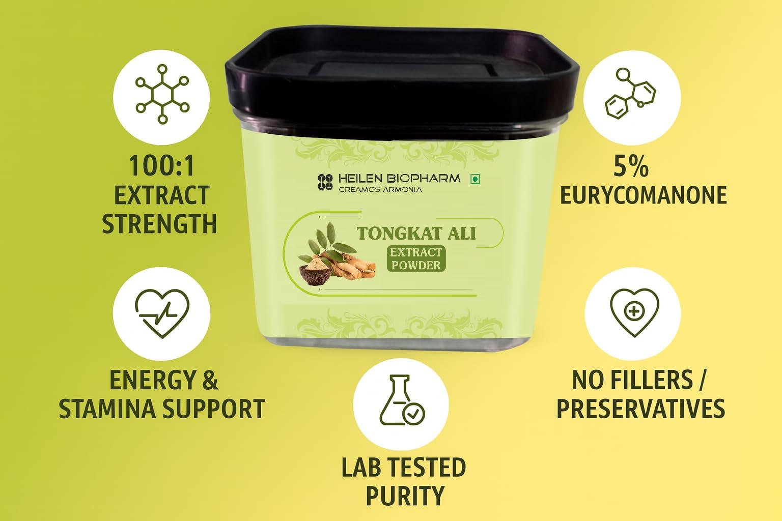 HEILEN BIOPHARM Heilen Biopharm Long Jack Tongkat Ali Root Extract Powder 100:1 TestoPump with 5% Active Eurycomanone For Stamina & Energy Boost - 50 g