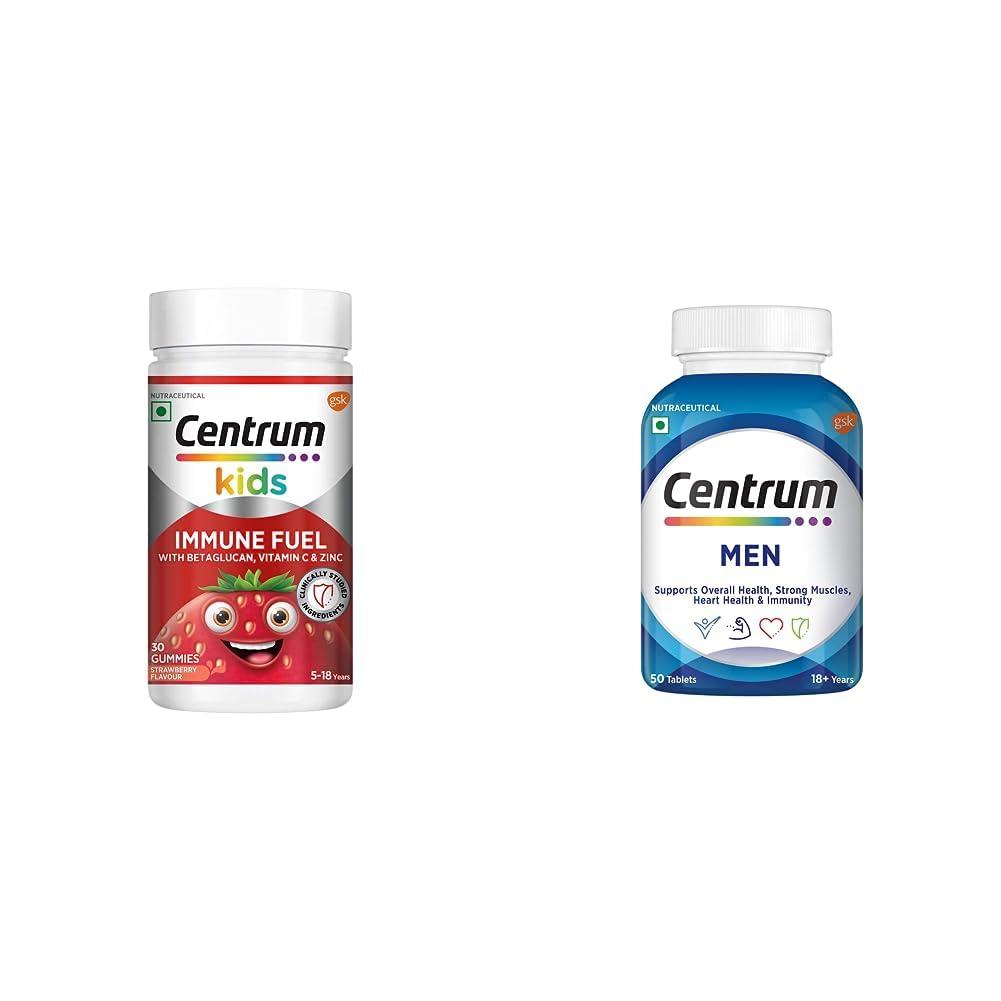Centrum Centrum Kids Immune Fuel - 30 Gummies | Betaglucan (100% Veg) & Men, Multivitamin with Grape seed extract (Veg) 50s