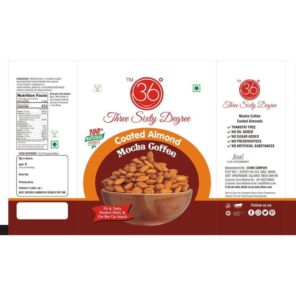 360 Three Sixty Degree 360 Roasted Mocha Coffee Sweet Almonds Pouches | Crunchy Badam Dry Fruit | Zero Oil Added | Oven Roasted | Tasty & Nutritious | Natural Goodness | 10 Packs x 30 | 300 Grams
