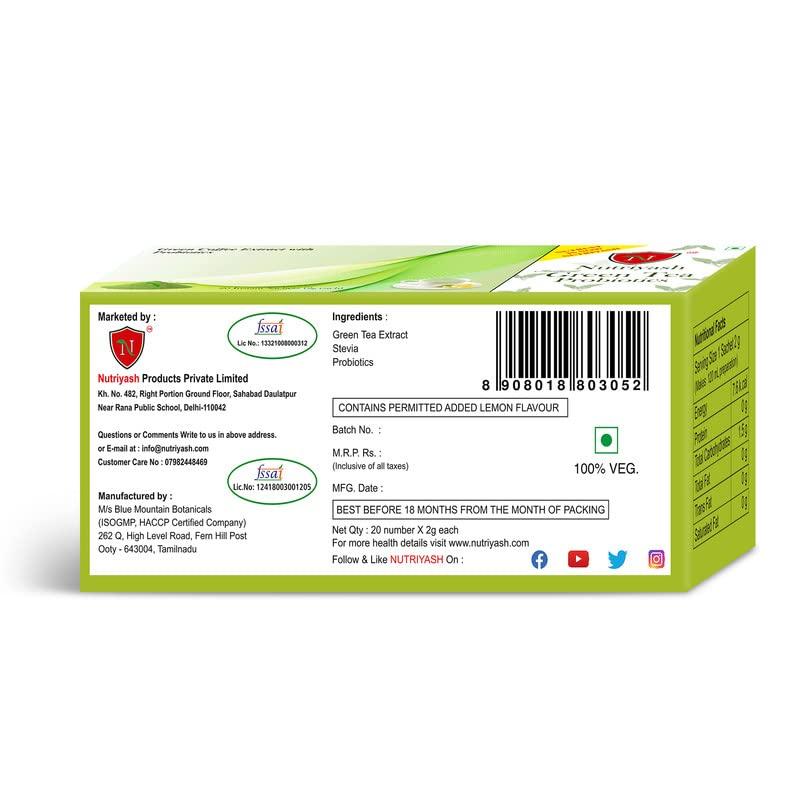 Nutriyash Nutriyash Probiotic Green Tea Lemon | 20 sachets, each sachet 2 grams, 100% Pure and Natural, Preservatives Free, Artificial Flavor Free, Sugar Free