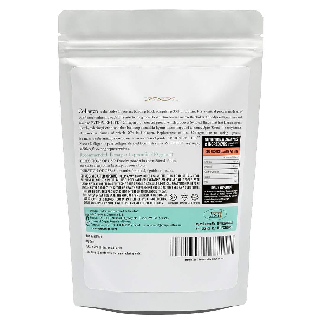 EVERPURE LIFE Everpure Life Korean Hydrolysed Marine Collagen - Sustainably sourced Type I Collagen Peptides for Immunity, Stronger Muscles and Joints and Better Gut Health - No added sugar/flavouring - 200 Gm