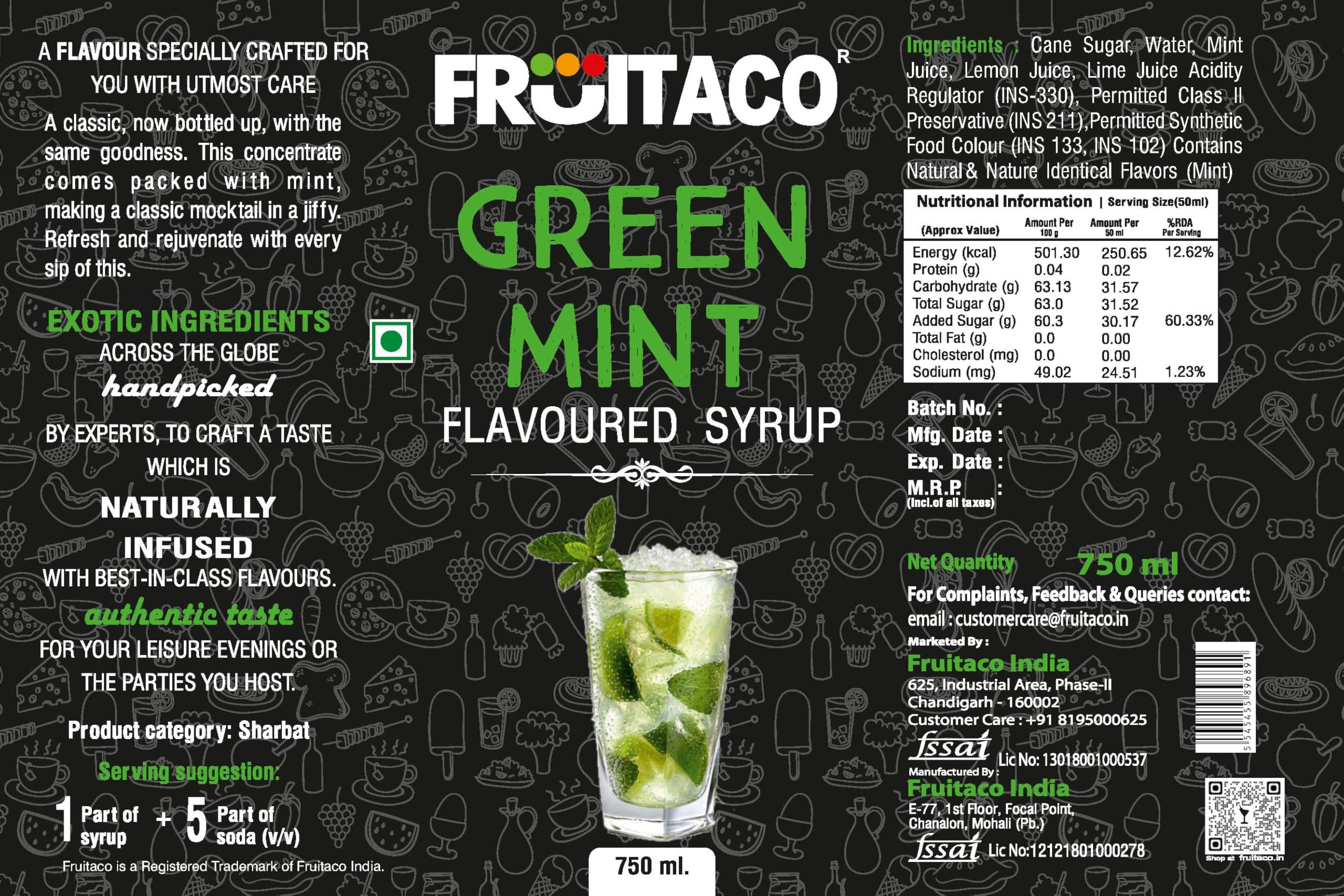 Fruitaco Fruitaco Blue Curacao Grenadine Green Mint Mojito Mint Combo - Elevate Your Cocktails and Mocktails with Bursting Flavors Pack of 4 750ml Each
