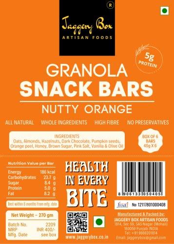 JAGGERY BOX Jaggery Box Nutty Orange Granola Snack Bar | All Natural with Wholegrains & Honey | No Preservatives & Artificial Flavours | 270g, Pack of 6 Bars