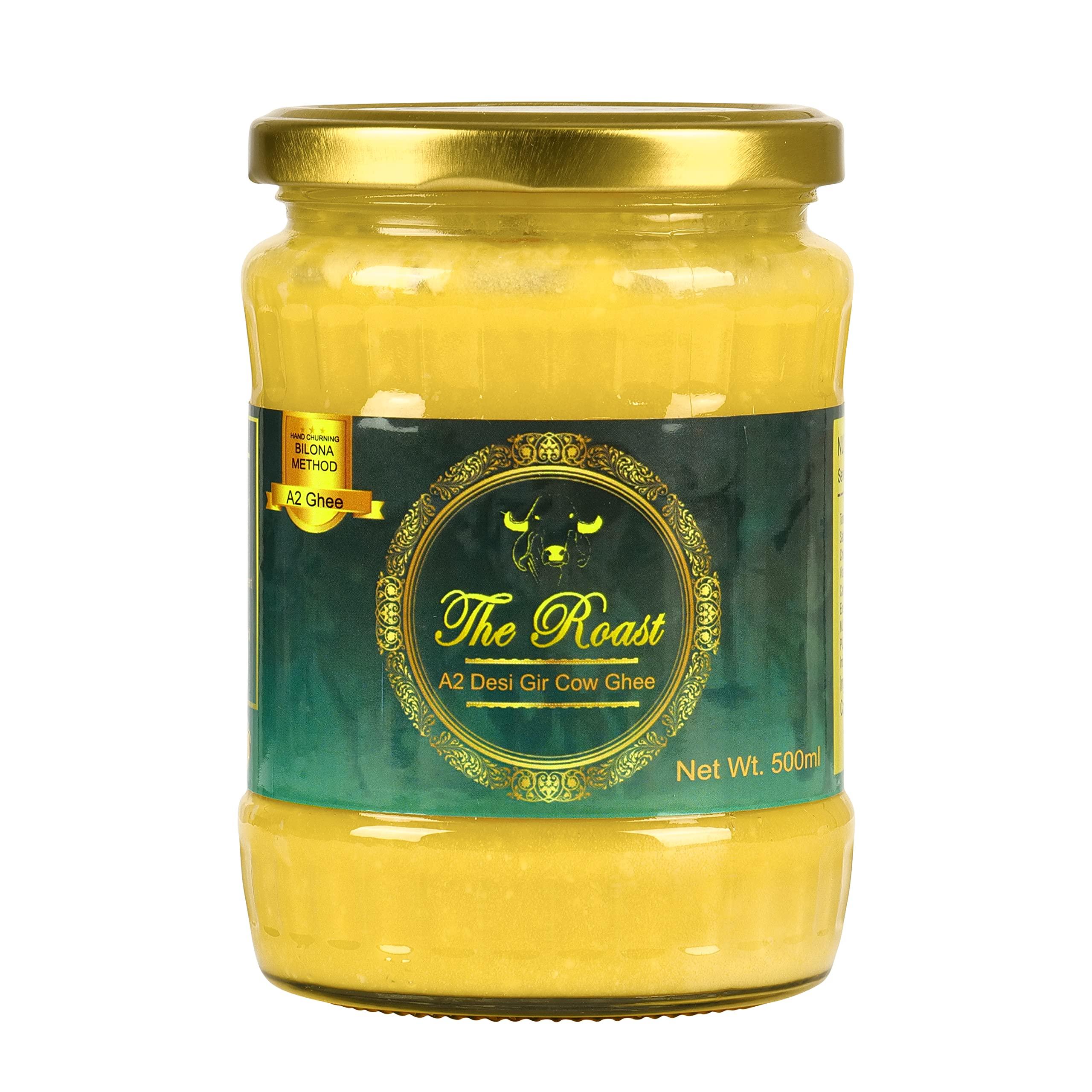 The Roast Organic Ghee - A2 Pure Ghee - 100% Desi Gir Cow Ghee - A2 Cow Desi Ghee - Cow Ghee - Vedic Bilona Method - Grass-fed, Cultured & Traditional A2 Ghee - Glass Bottle - cow ghee 500 ML