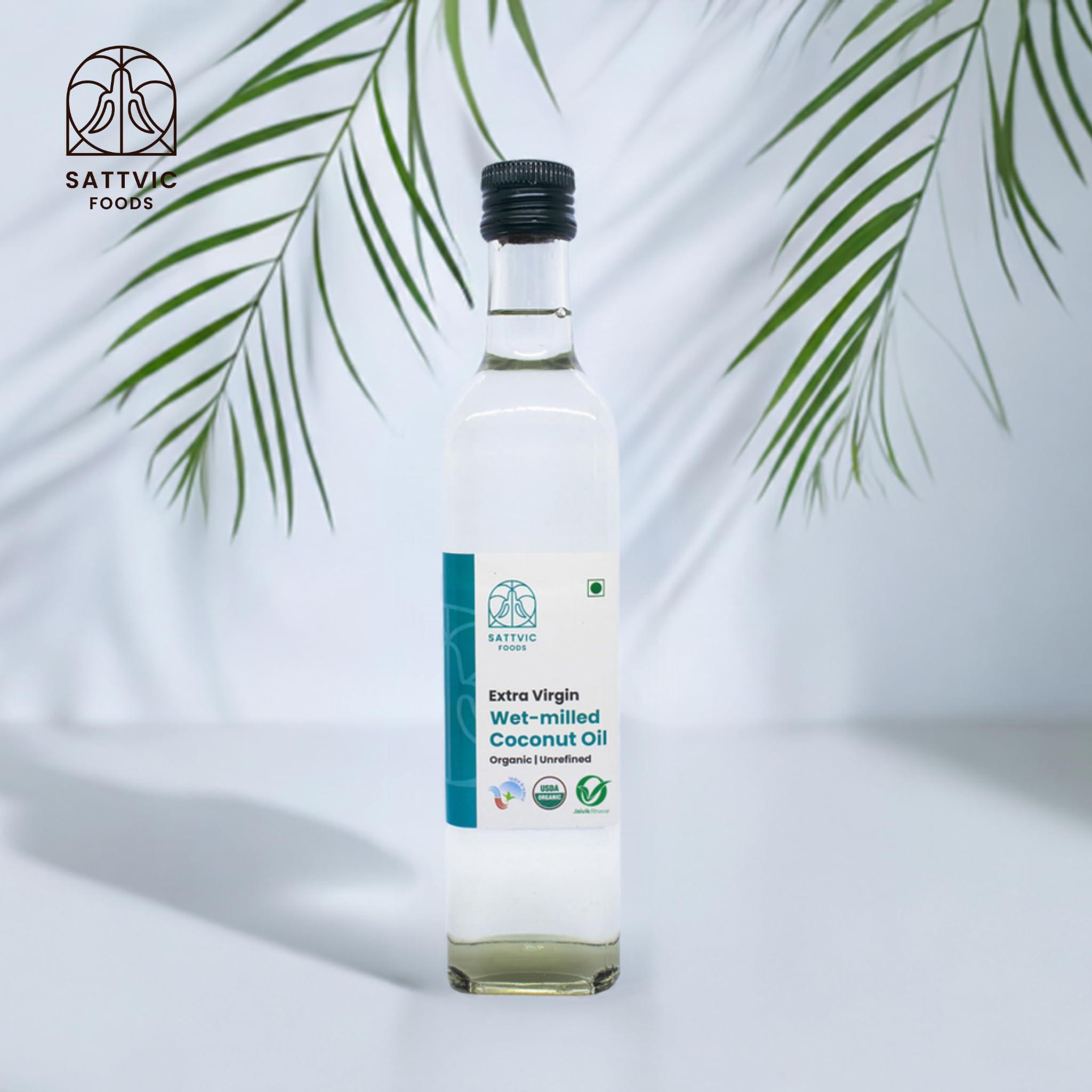 Sattvic Foods Sattvic Foods Wet-Milled Extra Virgin Coconut Oil (1 ltr) Nariyal ka Tel | Cold-Pressed & Certified Organic | Raw and Unrefined | Glass Bottle | Use in Cooking, Frying, Baking, Oil-Pulling