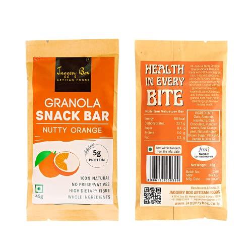 JAGGERY BOX Jaggery Box Nutty Orange Granola Snack Bar | All Natural with Wholegrains & Honey | No Preservatives & Artificial Flavours | 270g, Pack of 6 Bars