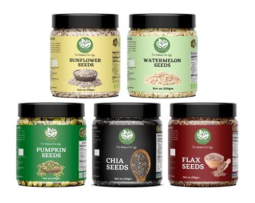 Go Vegan Go Vegan Combo of All Edible Seeds Pack of - 1.25 kg | Healthy Chia, Pumpkin, Sunflower, Flax, Watermelon Seeds 250g Each [Jar Pack]