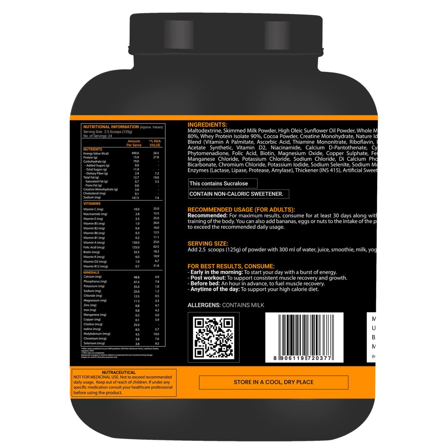 OSOAA OSOAA Bulk Mass Gainer 3Kg | (Italian Chocolate) | 15g Protein |490 Calories | Added 3g Creatine | with Digestive Enzymes | 28 Added Vitamins | For Both Men & Women