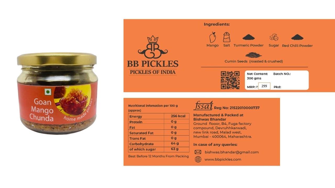 BB PICKLES BB PICKLES Homemade Goan Mango Chunda/Kerala Sweet Lime/Khatta Meetha Mango Pickle Authentic Recipe and Taste (Pack of 3 Jar 300g Each)