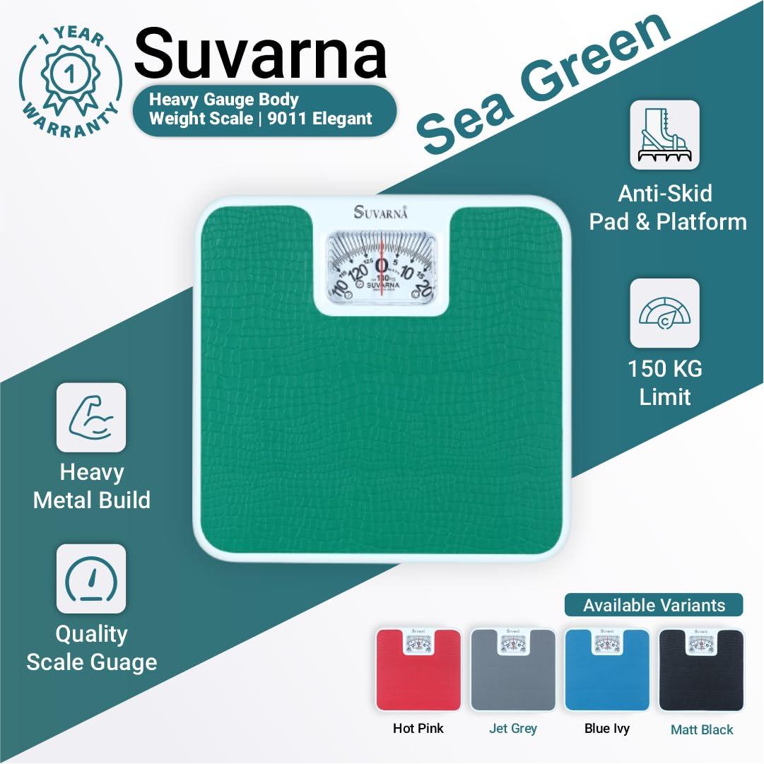 Suvarna SUVARNA Body Weight Machine - Analog Mechinical Body Weight Scale | Anti Skid Fitness Weighing Scale| 150 KG Limit | 1 Year Warranty | Model 9011-150 Elegant - Sea Green