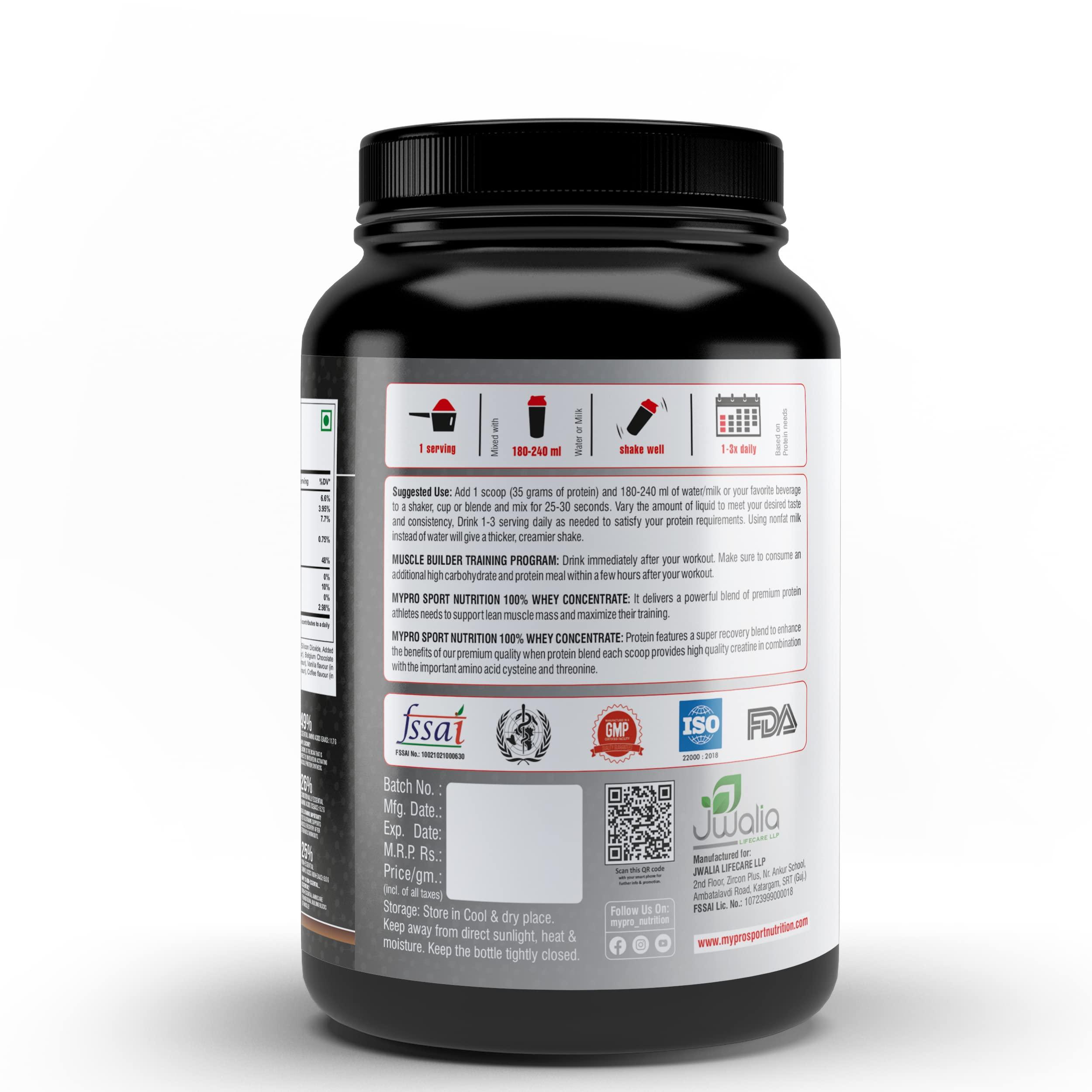 Mypro Sport Nutrition Mypro Sport Nutrition 100% Whey Protein Concentrate (24g Protein, 0g Sugar,5.5G BCAA,) Belgium Chocolate Flavor For Men And Women (1000 gm)