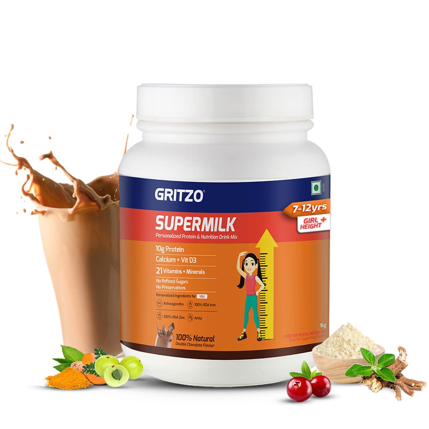 Gritzo Gritzo SuperMilk Height+ (7-12y Girls), 10g Protein Powder (Double Chocolate, 1kg) | Zero Refined Sugar, 21 Vitamins & Minerals