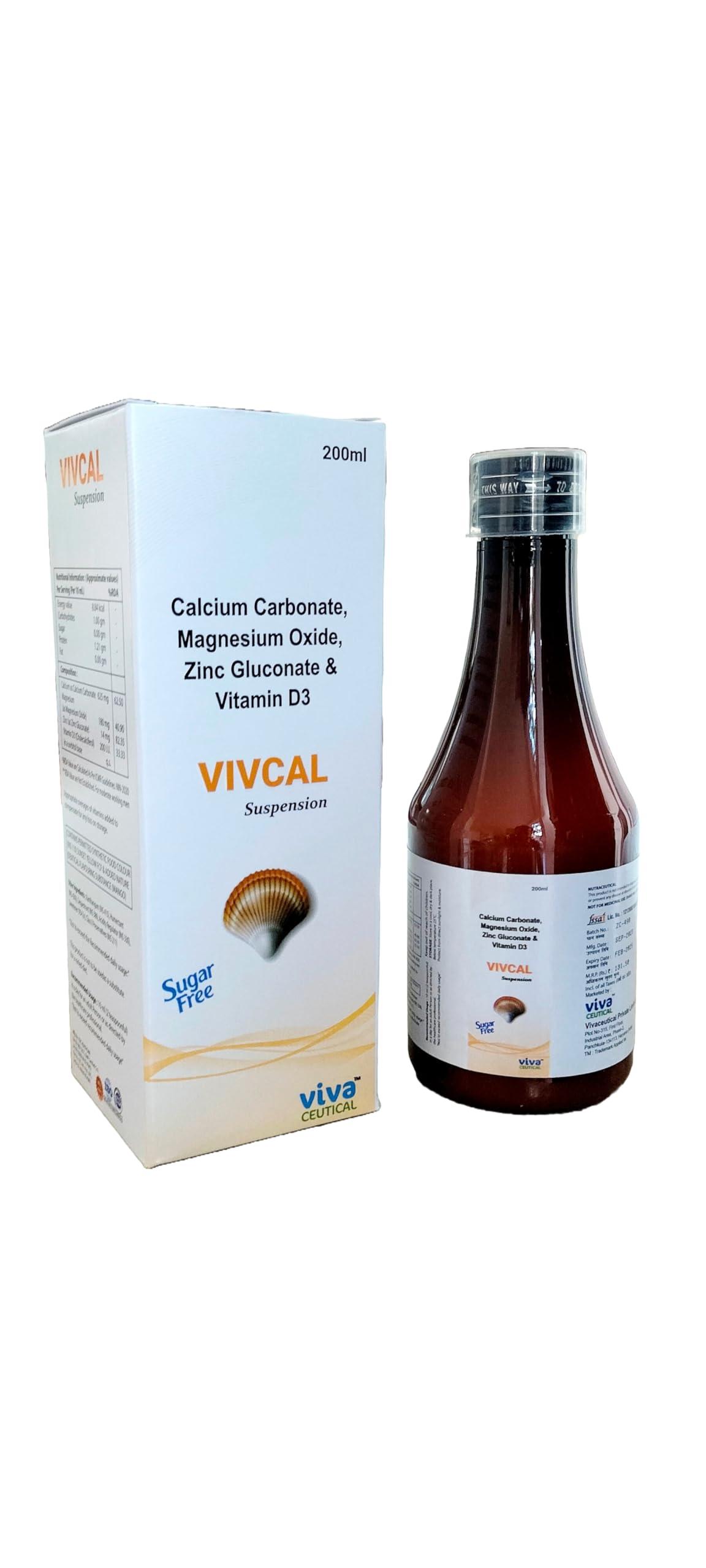Vivaceutical Vivcal Suspension - | Calcium Carbonate, Magnesium Oxide, Zinc Gluconate & Vitamin D3 | 200ml