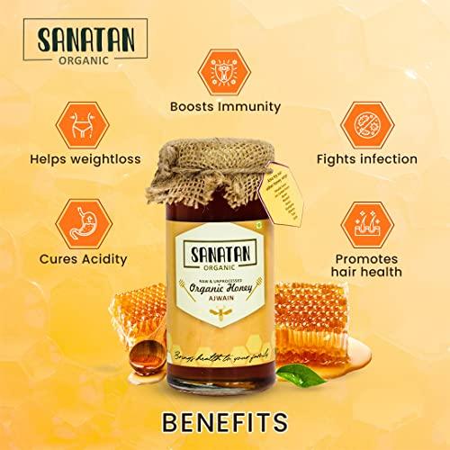 SANATAN ORGANIC Sanatan Organic Unprocessed and certified organic 100% Natural &Pure Ajwain Honey cures Gastric,Acidity,help in digestion|Preservative free|No artificals|No Added Sugar|Mono Flora Honey-250g Glass Jar