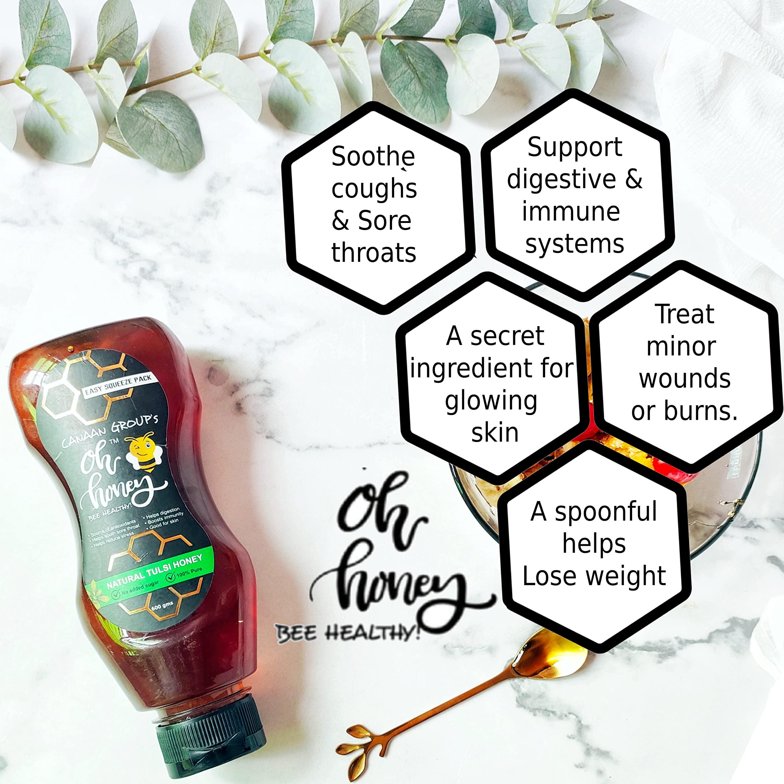 CANAAN GROUP’S oh honey Bee Healthy Canaan Group's Organic Oh Honey | 100% Honey Organic Natural Tulsi Honey | Squeeze Pack | No Added Sugar | 600g