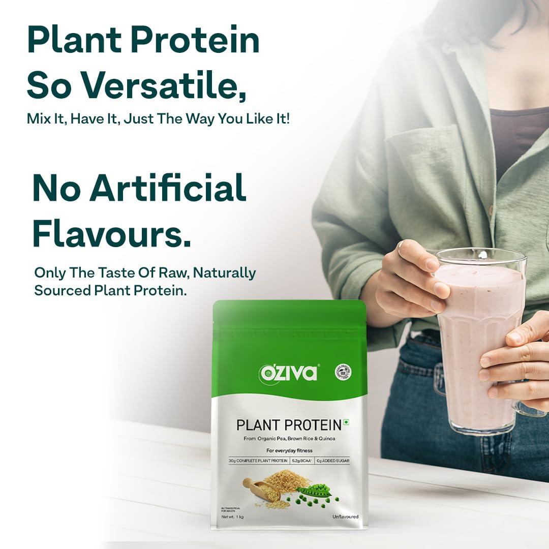 OZiva OZiva Organic Plant Protein for Everyday Fitness | 30g Protein - Pea Isolate | Complete Plant Protein Powder for Men & Women | No Added Sugar, Certified Clean & Vegan (Unflavoured, 1kg + shaker)