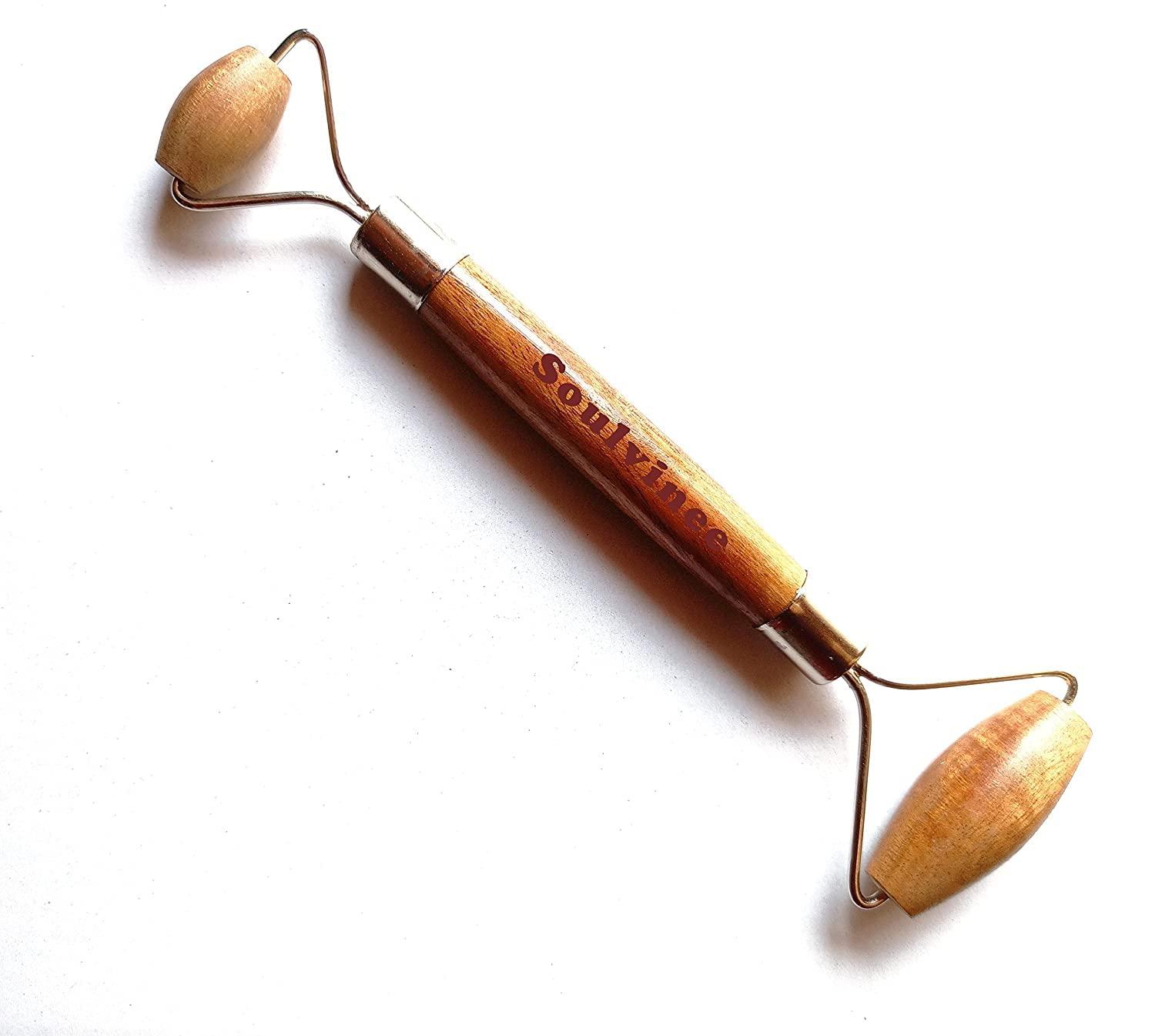 soulvinee Soulvinee Natural Neem Wooden Face Massage Rollers Facial Spa Massage Gua Sha Tool Double Head wooden Roller With KumKumadi Oil