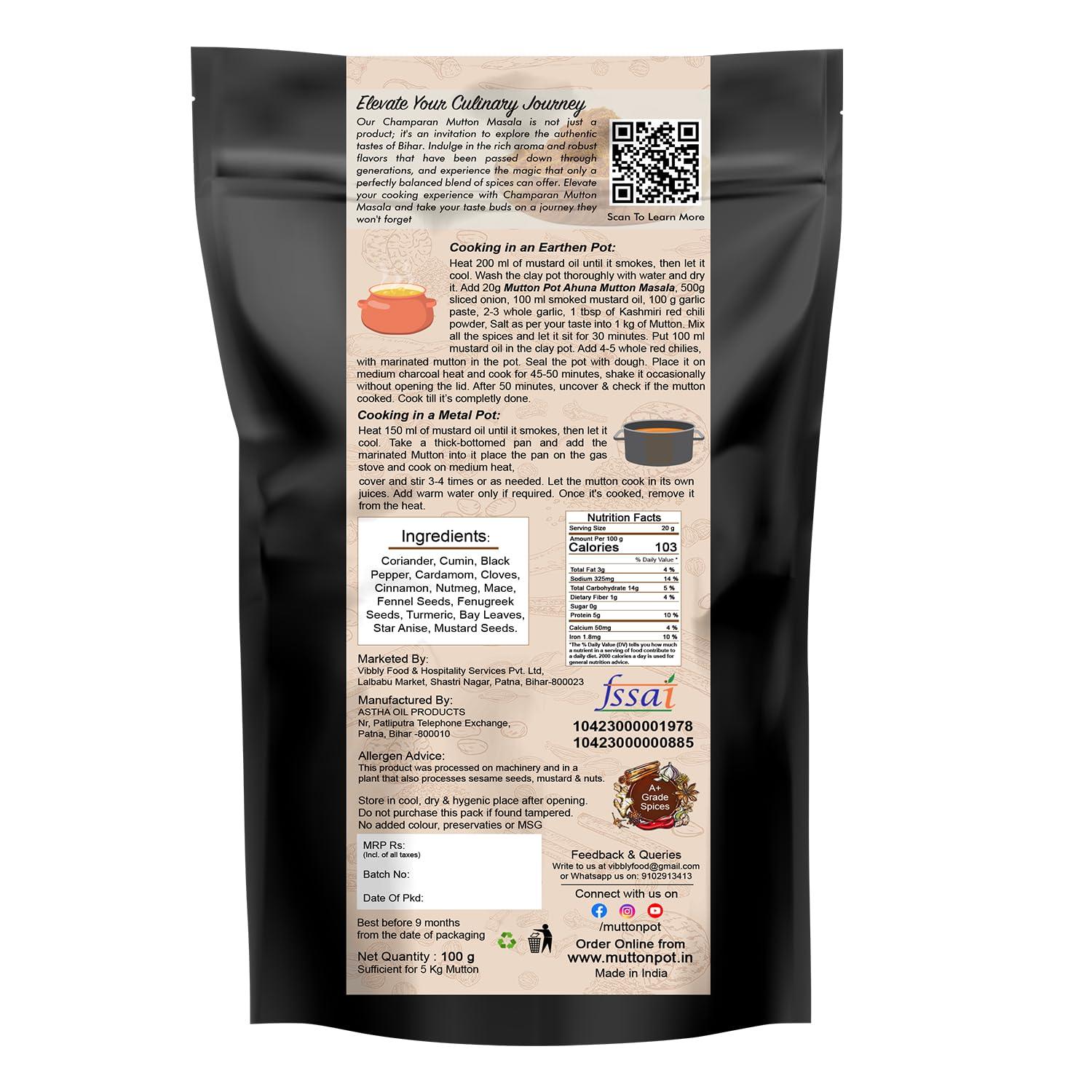 The Mutton Pot The Mutton Pot Champaran Ahuna Handi Mutton Masala 100g | No Preservatives, No Artificial Colors | Home Cooking Indian Meat Masala | Only 20g Required for 1 Kg Mutton | Shipped Fresh | Curry Mix | Enough to Cook 5 Kg Mutton | Bihar\'s Authentic Recip