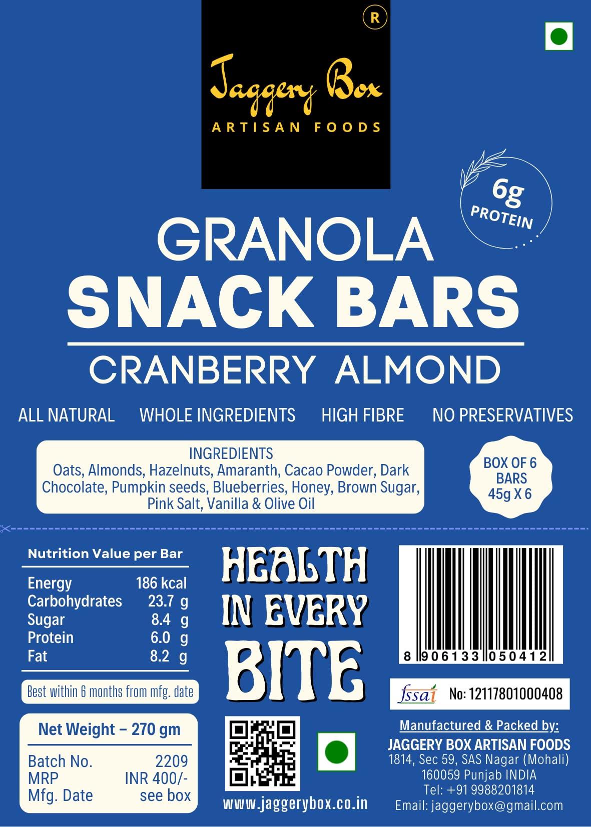 JAGGERY BOX Jaggery Box Blueberry Mocha Granola Snack Bar | All Natural with Wholegrains & Honey | No Preservatives & Artificial Flavours | 270g, Pack of 6 bars