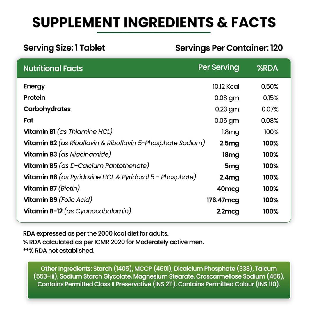 HIMALAYAN ORGANICS Himalayan Organics Vitamin B Complex with 100% RDA B1, B2, B3, B5, B6, B7, B9 & B12 | Hair Growth, Energy & Immunity | Youthful Skin - 120 Veg Tablets