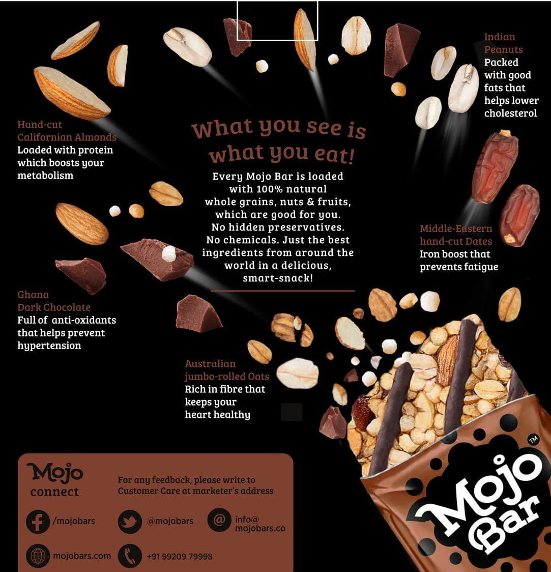 Mojo Bar Mojo Bar Energy Bars Choco Almond & Protein | 100% Whole Grains, Nut & Fruit | High Energy & Granola Bars | 5g Protein Snack | Pack of 15 x 32g Energy Bars | Gluten Free & No Preservatives