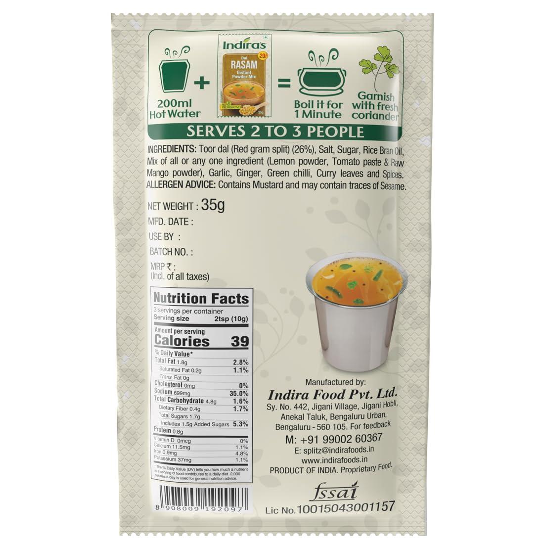 Indira's Indira's Instant Rasam Paste Combo: More Flavourful Than Rasam Powder. Just Add Hot Water. 3 Tasty Flavours: Tomato (50gX3), Pepper (50gX3) & Dal (35gX3)