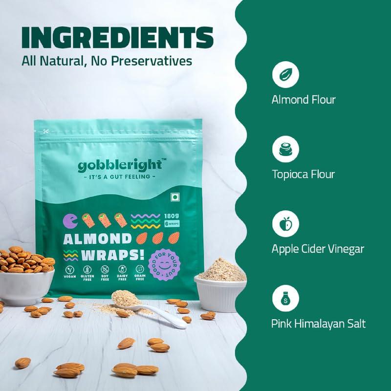 GOBBLERIGHT gobbleright Gluten Free Tortila Almond Wraps - Pack of 3 (18 Wraps)/Gluten Free, Vegan, Dairy Free, Soya Free, Grain Free/Best for Burrito, Wraps, Tortilas, Tacos, Shawarmas and Rolls