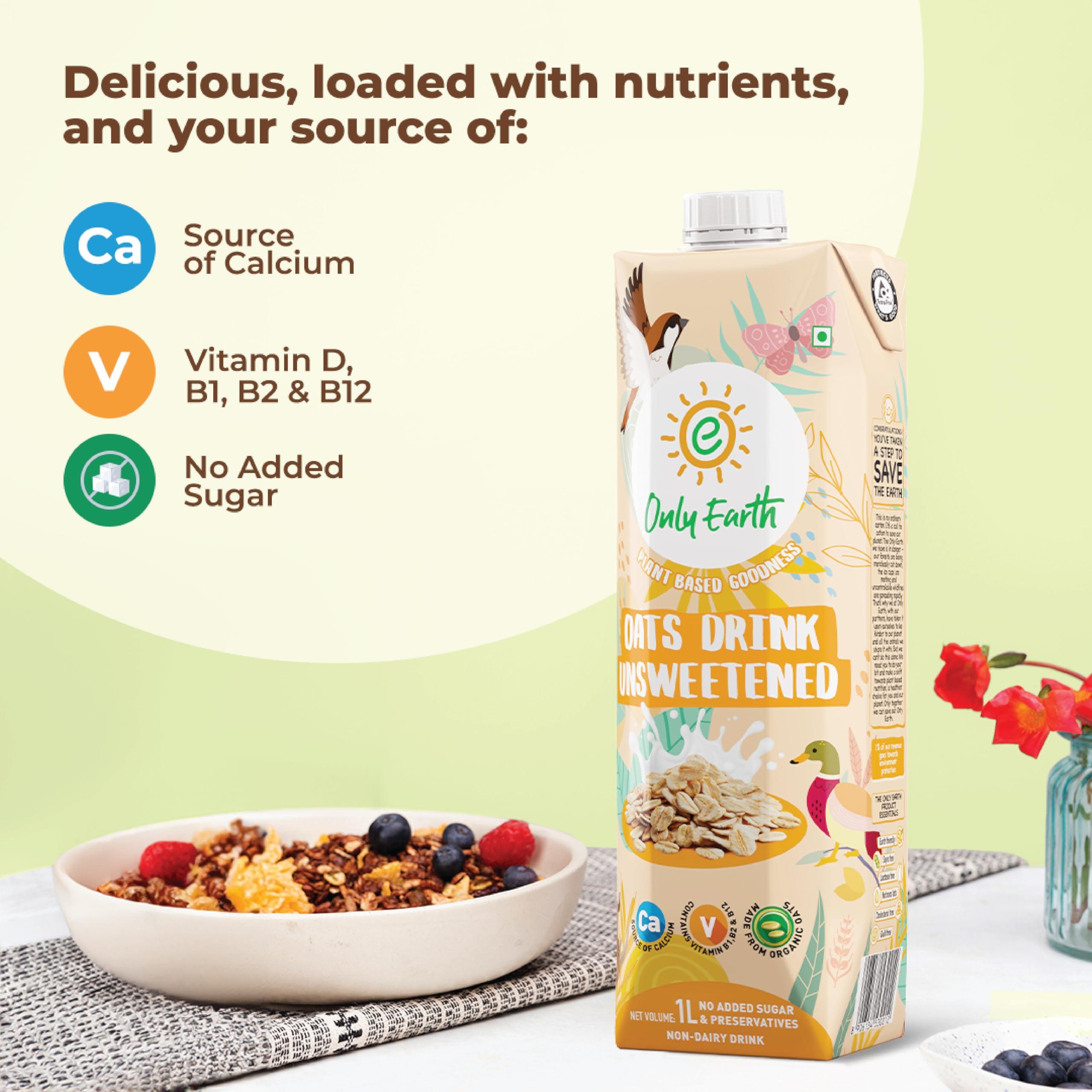 Only Earth Only Earth Oats Beverage| Unsweetened Drink | Lactose Free | Preservatives Free | Plant Based | Dairy Alternative | Source of Calcium | Source of Vitamin B1, B2 & B12 1 Litre (Pack of 2)